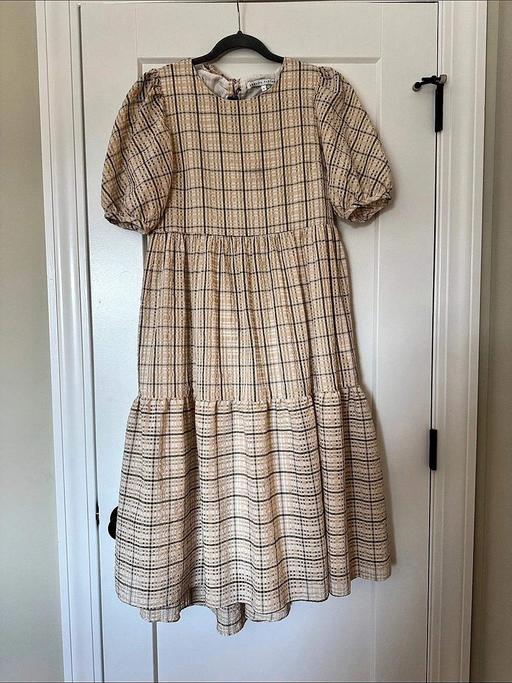 English Factory Plaid Puff Sleeve Midi Dress Beige & Brown Small Like New